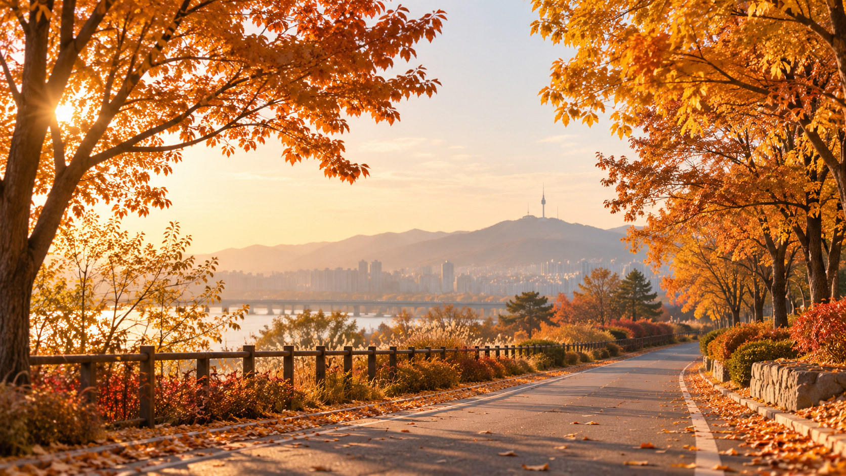 붉게 물든 가을 나무와 강변 산책길을 보여주는 AI 제작 계절 이미지.